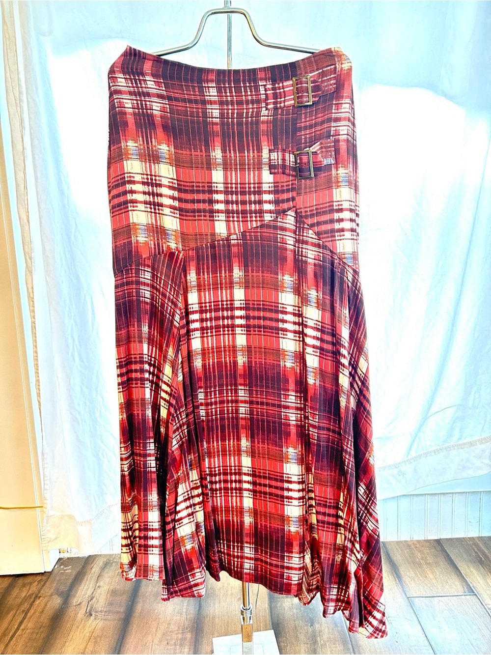 Free People Red Plaid Asymmetrical Midi Skirt with Buckle Accents